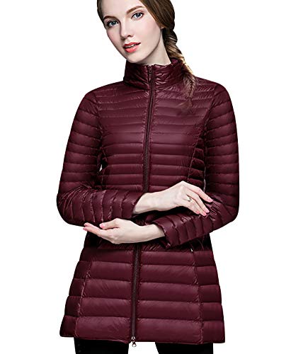 Leichte Daunenjacke Damen Lang Leichter Daunenmantel Damen Ultraleichte Daunenjacken Damen Packbar Lange Leicht Daunen Steppjacke mit Kapuze Lightweight Steppmantel Daunen Mantel Für Frauen Rot M von Peuignao