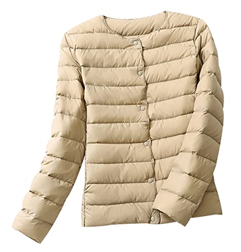 Leichte Daunenjacke Damen Leicht Puffer Jacke Lightweight Steppjacke Damen Übergangsjacke Leichter Steppmantel Winter Federleichte Dünne Daunenmantel Damen Down Jacket Daunen Women Warme Khaki 3XL von Peuignao