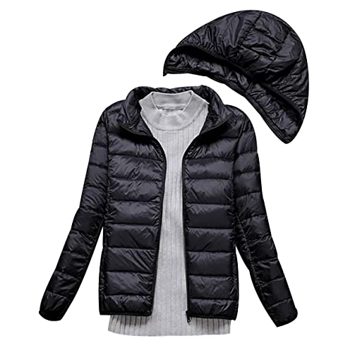 Leichte Daunenjacke Damen Leicht Puffer Jacke Lightweight Steppjacke Damen mit Abnehmbarer Kapuze Leichter Steppmantel Packbare Daunenmantel Puffer Mantel Down Jacket Daunen Pufferjacke Schwarz L von Peuignao