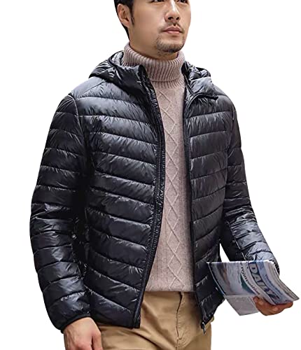 Leichte Daunenjacke Herren Daunen Steppjacke Herren mit Kapuze Leicht Puffer Jacke Männer Warme Stepp Winterjacke Daunenmantel Steppmantel Herren Down Jacket Light Men Mantel Wasserdicht Schwarz XXL von Peuignao