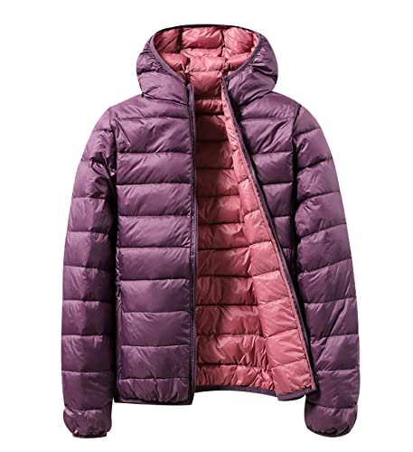 Leichte Daunenjacke Wendejacke Damen Leicht Packbar Puffer Jacke Lightweight Steppjacke Damen Übergangsjacke Leichter Daunenmantel Damen Down Jacket Daunen Women Pufferjacke Kaputze Rosa Violett 4XL von Peuignao