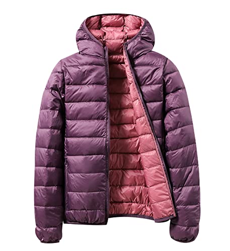 Leichte Daunenjacke Wendejacke Damen Leicht Packbar Puffer Jacke Lightweight Steppjacke Damen Übergangsjacke Leichter Daunenmantel Damen Down Jacket Daunen Women Pufferjacke Kaputze Rosa Violett XXL von Peuignao