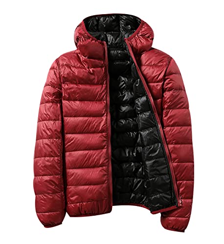 Leichte Daunenjacke Wendejacke Damen Leicht Packbar Puffer Jacke Lightweight Steppjacke Damen Übergangsjacke Leichter Daunenmantel Damen Down Jacket Daunen Women Pufferjacke Kaputze Rot Schwarz 4XL von Peuignao