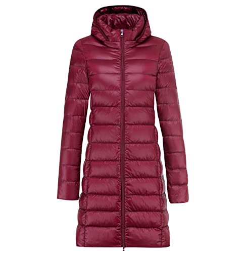 Leichte Steppjacke Damen Lang Daunenjacke Damen Leicht Puffer Jacke Mantel Langer Daunenmantel Lang Leichter Steppmantel Damen Down Jacket Women Jacke Daunen Ultraleichte Daunenjacke Faltbar Damen Rot von Peuignao