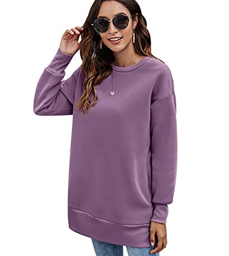 Long Sweatshirt Damen Overzised Langer Pullover Damen Lang Pulli Oversize Pullover Frauen Warmer Basic Lässiger Kuschel Sweat Pullis Süße Crewneck Sweatshirts für Damen Langarm Casual Lockerer Lila XL von Peuignao