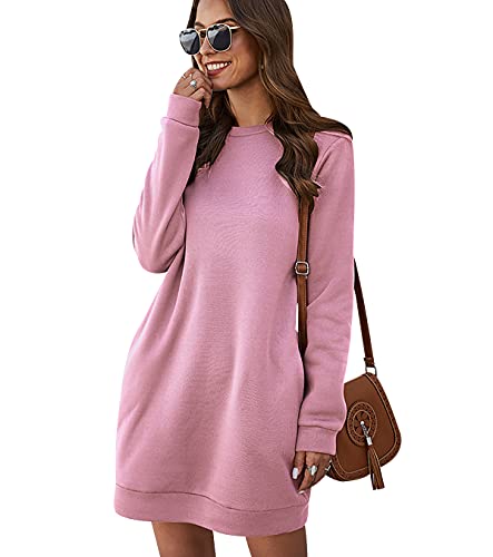 Long Sweatshirt Kleid Damen Overzised Langer Pullover Damen Lang Pulli Kleider Oversize Pullover Frauen Basic Lässiger Kuschel Sweat Pullis Süße Crewneck Sweatshirts für Damen Casual Lockerer Rosa XL von Peuignao