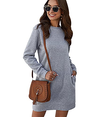 Long Sweatshirt Kleid Damen Overzised Langer Pullover Damen Lang Pulli Kleider Oversize Pullover Frauen Basic Lässiger Kuschel Sweat Pullis Süße Crewneck Sweatshirts für Damen Casual Lockerer Grau M von Peuignao