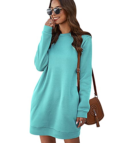 Long Sweatshirt Kleid Damen Overzised Langer Pullover Damen Lang Pulli Kleider Oversize Pullover Frauen Basic Lässiger Kuschel Sweat Pullis Süße Crewneck Sweatshirts für Damen Casual Lockerer Blau XL von Peuignao