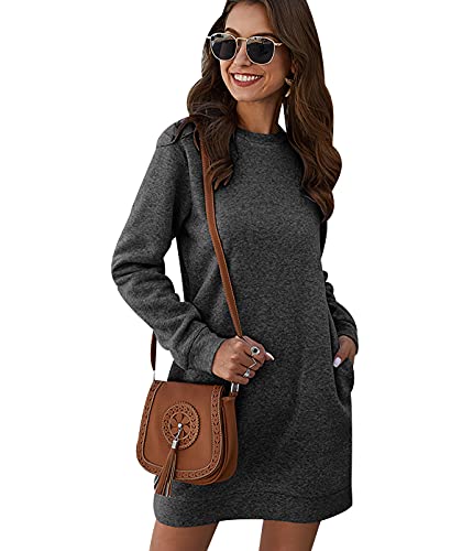 Long Sweatshirt Kleid Damen Overzised Langer Pullover Damen Lang Pulli Kleider Oversize Pullover Frauen Basic Lässiger Kuschel Sweat Pullis Süße Crewneck Sweatshirts für Damen Casual Lockerer Grau S von Peuignao