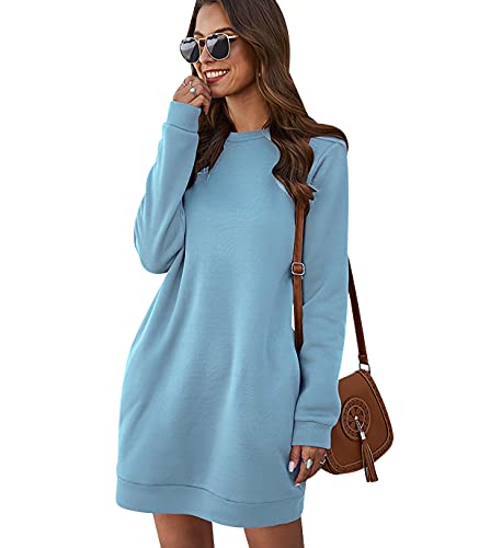 Long Sweatshirt Kleid Damen Overzised Langer Pullover Damen Lang Pulli Kleider Oversize Pullover Frauen Basic Lässiger Kuschel Sweat Pullis Süße Crewneck Sweatshirts für Damen Casual Lockerer Blau XL von Peuignao