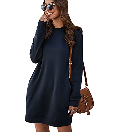 Long Sweatshirt Kleid Damen Overzised Langer Pullover Damen Lang Pulli Kleider Oversize Pullover Frauen Basic Lässiger Kuschel Sweat Pullis Süße Crewneck Sweatshirts für Damen Casual Lockerer Marine M von Peuignao