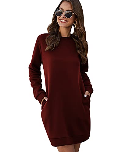 Long Sweatshirt Kleid Damen Overzised Langer Pullover Damen Lang Pulli Kleider Oversize Pullover Frauen Basic Lässiger Kuschel Sweat Pullis Süße Crewneck Sweatshirts für Damen Casual Lockerer Rot M von Peuignao