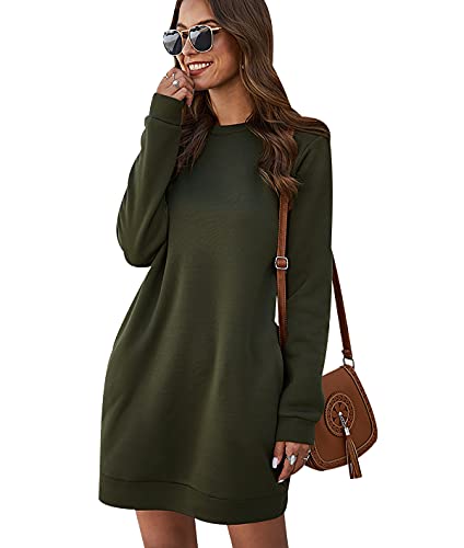 Long Sweatshirt Kleid Damen Overzised Langer Pullover Damen Lang Pulli Kleider Oversize Pullover Frauen Lässiger Kuschel Sweat Pullis Süße Crewneck Sweatshirts für Damen Casual Lockerer Armee Grün M von Peuignao