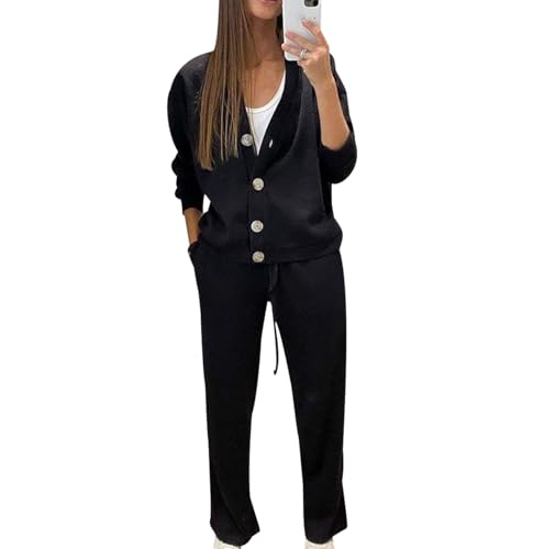 Loungewear Damen Set Trainingsanzug Damen Freizeitanzug 2 Teiler Jogginganzug Damen Set Hausanzug 2-Teilig Damen Kuschelig Tracksuit Jogginganzüge Lang Große Größen Trainingsanzüge Damen Schwarz L von Peuignao