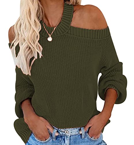 Off Shoulder Pullover Damen Strick Strickpullover Damen Oversize Zopfmuster Zopfstrick Schulterfreier Pullover Frauen Pulli Schulterfrei Strickpulli Rippstrick Gestrickter Pullover Damen Grün XXL von Peuignao