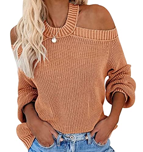 Off Shoulder Pullover Damen Strick Strickpullover Damen Oversize Zopfmuster Zopfstrick Schulterfreier Pullover Frauen Pulli Schulterfrei Strickpulli Rippstrick Gestrickter Pullover Damen Orange S von Peuignao