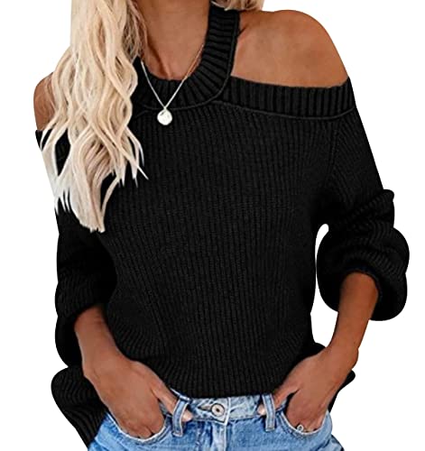 Off Shoulder Pullover Damen Strick Strickpullover Damen Oversize Zopfmuster Zopfstrick Schulterfreier Pullover Frauen Pulli Schulterfrei Strickpulli Rippstrick Gestrickter Pullover Damen Schwarz L von Peuignao