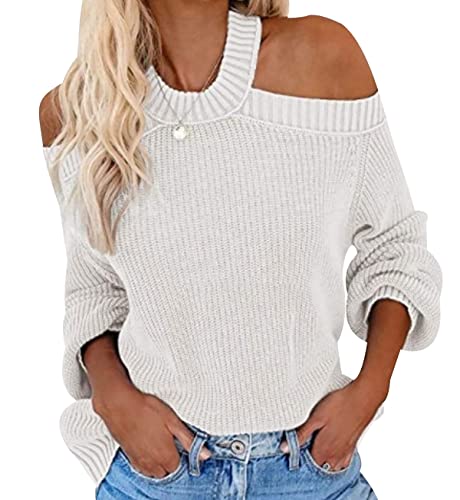 Off Shoulder Pullover Damen Strick Strickpullover Damen Oversize Zopfmuster Zopfstrick Schulterfreier Pullover Frauen Pulli Schulterfrei Strickpulli Rippstrick Gestrickter Pullover Damen Weiß M von Peuignao