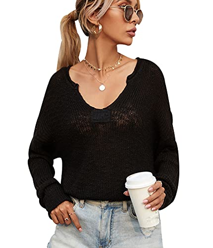 Off Shoulder Pullover Damen V Ausschnitt Strickpullover Damen Pulli Schulterfrei Knitted Sweater Damen Frauen Gestrickter Pullover Strick V-Pullover Strickpulli Pullis für Damen Süße V-Pulli Schwarz von Peuignao