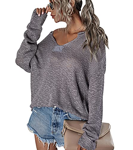 Off Shoulder Pullover Damen V Ausschnitt Strickpullover Damen Pulli Schulterfrei Knitted Sweater Damen Frauen Gestrickter Pullover Strick V-Pullover Strickpulli Pullis für Damen Süße V-Pulli Grau XL von Peuignao