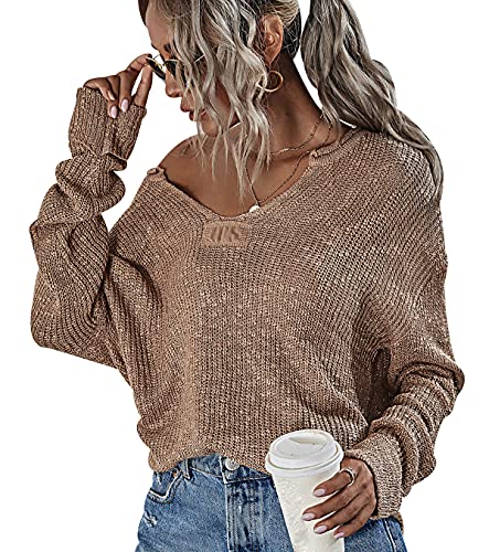 Off Shoulder Pullover Damen V Ausschnitt Strickpullover Damen Pulli Schulterfrei Knitted Sweater Damen Frauen Gestrickter Pullover Strick V-Pullover Strickpulli Pullis für Damen Süße V-Pulli Khaki L von Peuignao