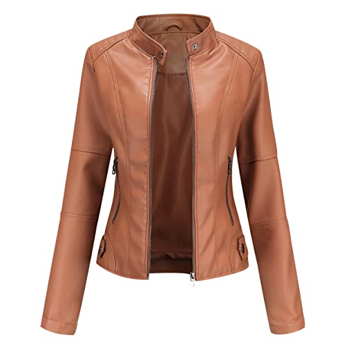 Peuignao Kunstlederjacke Damen Bikerjacke Biker Faux Lederjacke Damen Kunstleder Pu Jacke Damen Leder Faux Leather Jacket for Women Pu Lederjacke Stehkragen Frauen Leder Imitation Jacke Damen Kamel L von Peuignao