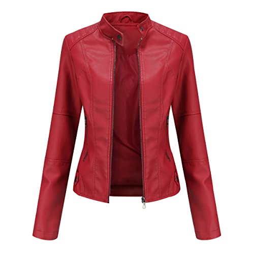 Peuignao Kunstlederjacke Damen Bikerjacke Biker Faux Lederjacke Damen Kunstleder Pu Jacke Damen Leder Faux Leather Jacket for Women Pu Lederjacke Stehkragen Frauen Leder Imitation Jacke Damen Rot S von Peuignao