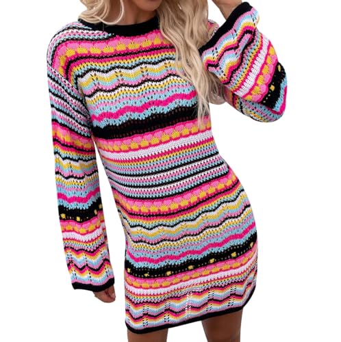 Pullover Lang Damen Pulloverkleid Strickkleid Pullikleid Damen Langer Gestreifter Pullover Pulli Kleider Kleid Long Sweater Damen Strickkleider Long Pullover for Women Strickpulli Damen Lang Schwarz von Peuignao