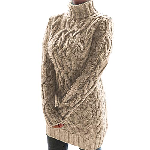 Pulloverkleid Damen Strick Turtleneck Strickpullover Damen Lange Rollgragen Pullover Kleid Damen Zopfstrick Stricken Long Pulli Kleider Damen Longpullover Grober Strickpulli Damen Lang Khaki S von Peuignao