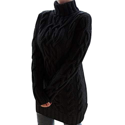 Pulloverkleid Damen Strick Turtleneck Strickpullover Damen Lange Rollgragen Pullover Kleid Damen Zopfstrick Stricken Long Pulli Kleider Damen Longpullover Grober Strickpulli Damen Lang Schwarz XL von Peuignao
