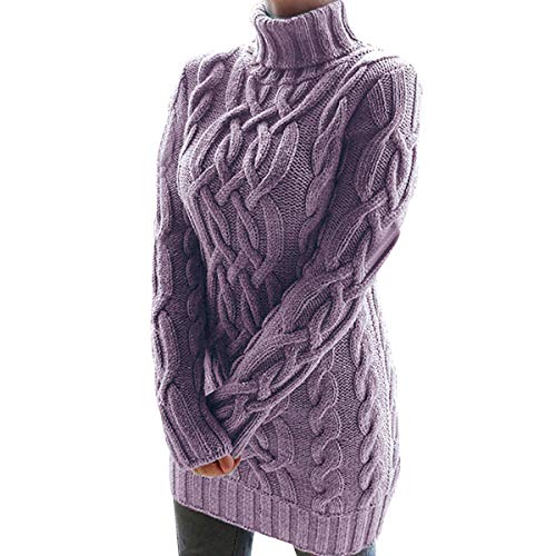 Pulloverkleid Damen Strick Turtleneck Strickpullover Damen Lange Rollgragen Pullover Kleid Damen Zopfstrick Stricken Long Pulli Kleider Damen Longpullover Grober Strickpulli Damen Lang Violett XL von Peuignao