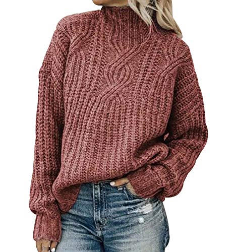 Rollkragenpullover Damen Rollgragen Pullover Strick Damen Turtleneck Strickpullover Damen Oversize Stricken Pulli Frauen Grobstrickpullover Pullis Grober Winterpullover Zopfstrick Strickpulli Rosa XL von Peuignao