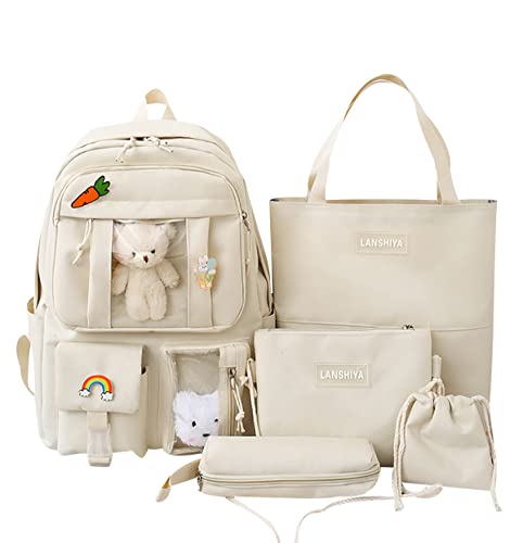 Rucksack Schule Schulrucksack Mädchen Teenager School Backpack Schultasche Damen Set Lässig Geräumiger Schul Rucksack Jugendliche Mädchen Rucksäcke Uni Schulrucksäcke Oberstufe Schultaschen Beige von Peuignao