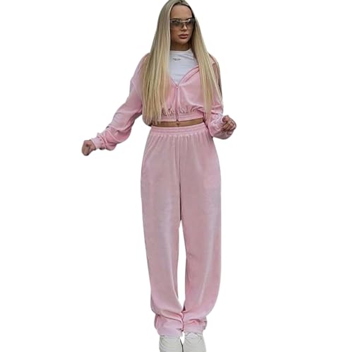 Samt Jogginganzug Damen Set Crop Top Zipper Velour Trainingsanzug Damen Loungewear Damen Set Freizeitanzug Damen Hausanzug 2-Teilig Frauen Sportanzug Damen Set Tracksuit Jogginganzüge Damen Rosa S von Peuignao