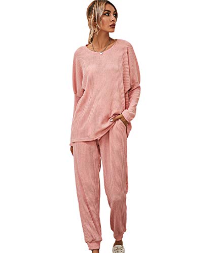 Schlafanzug Damen Hausanzug Damen Kuschelig Jumpsuit Pyjama Set Frauen Loungewear Freizeitanzug Nachtwäsche Langarm Homewear Zweiteiliger Schlafanzüge Damen Freizeitanzüge Grosse Grössen Rosa XXL von Peuignao