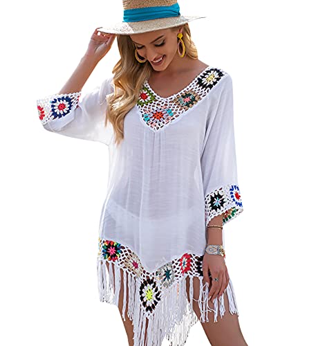 Strandkleid Damen Fransen Bikini Cover Up Kleid Strand Gehäkelte Strandkleider Damen Sommer Gehäkeltes Strandkleid Gehäkelt Boho Kurzarm Große Größen Swim Beach Cover Ups Übergröße Sommer Locker Weiß von Peuignao