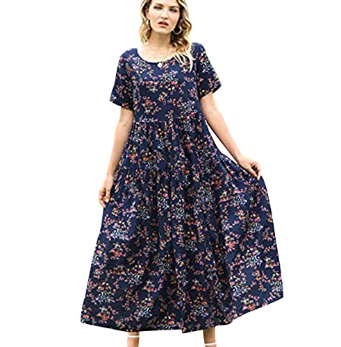 Strandkleid Damen Langes Geblümtes Sommerkleid Damen Lang Lange Sommerkleider Boho Kleid Damen Casual Kleider Sommer Freizeitkleid Beach Dress Strandkleider Damen Sommer Böhmen Boho-Kleid Blau 3XL von Peuignao