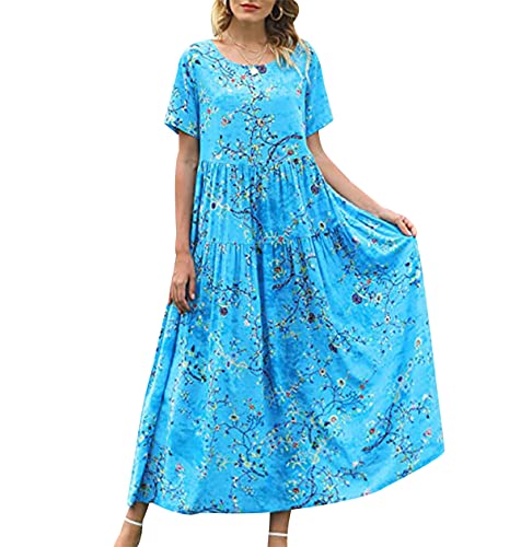 Strandkleid Damen Langes Geblümtes Sommerkleid Damen Lang Lange Sommerkleider Boho Kleid Damen Casual Kleider Sommer Freizeitkleid Beach Dress Strandkleider Damen Sommer Böhmen Boho-Kleid Blau L von Peuignao