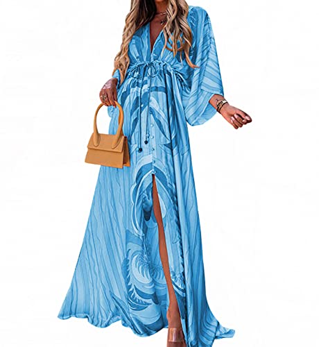 Strandkleid Damen Langes Geblümtes Sommerkleid V Ausschnitt Damen Lang Lange Maxi Sommerkleider Boho Tunika Kleid Casual Kleider Beach Dress Strandkleider Damen Sommer Böhmen Boho-Kleider Blau 3XL von Peuignao