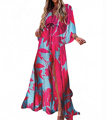 Strandkleid Damen Langes Geblümtes Sommerkleid V Ausschnitt Damen Lang Lange Maxi Sommerkleider Boho Tunika Kleid Casual Kleider Beach Dress Strandkleider Damen Sommer Böhmen Boho-Kleider Blau Rot M von Peuignao