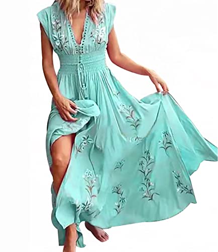 Strandkleid Damen Langes Geblümtes Sommerkleid V Ausschnitt Damen Lang Maxi Sommerkleider Boho Tunika Kleid Damen Casual Kleider Beach Dress Strandkleider Damen Sommer Böhmen Boho-Kleid Blau L von Peuignao