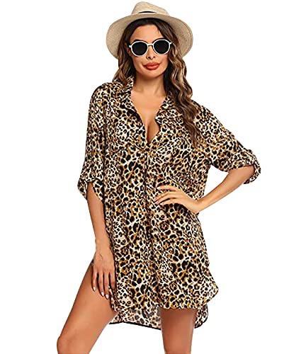 Strandkleid V Ausschnitt Damen Leopard Blumen Kurz Bikini Cover Up Kleid Strand Strandkleider Damen Blusenkleid Strandkleid Blusenkleider Große Größen Beach Cover Ups Locker Hemdkleid Leopard XL von Peuignao