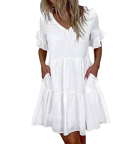 Strandkleider Damen Sommer Sommerkleid Damen Kurz Kleider Frauen Sommerkleider Boho A-Linien Volant T Shirt Kleid Damen Sommer Strandkleid Kurzes Tshirt Kleid V Ausschnitt Minikleid Damen Weiß L von Peuignao