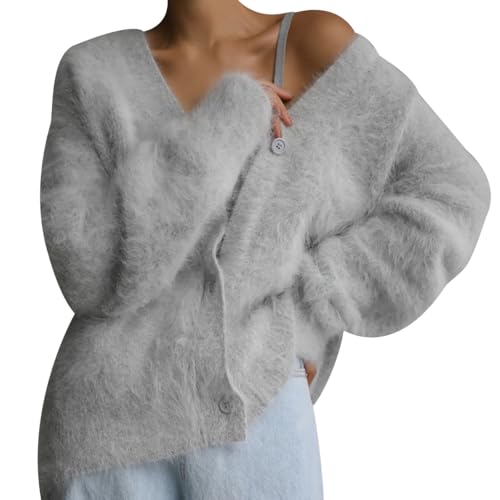 Strickjacken für Damen Grobstrickjacke Oversize Grobe Strickjacke Knit Grobstrick Cardigan Strickcardigan Frauen Feinstrick Cardigan Women Strickmantel Kuschel Strickjacke Damen Elegant Grau L von Peuignao