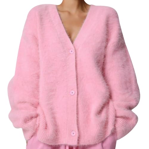 Strickjacken für Damen Grobstrickjacke Oversize Grobe Strickjacke Knit Grobstrick Cardigan Strickcardigan Frauen Feinstrick Cardigan Women Strickmantel Kuschel Strickjacke Damen Elegant Rosa L von Peuignao