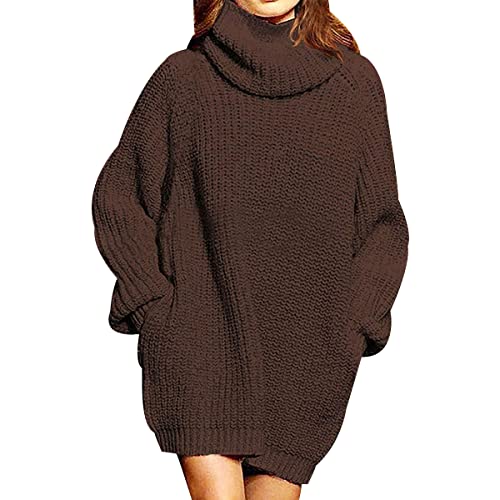 Strickkleid Damen Rollkragen Pulloverkleid Damen Langer Pullover Damen Lang Pullikleid Pulli Kleid Strickkleider Long Pullis für Damen Minikleid Damen Winter Pulloverkleider Pullover Kleider Braun XL von Peuignao