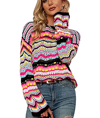 Strickpullover Damen Oversize Gestreifter Pullover Damen Strick Pulli Knitted Sweater Damen Frauen Overzised Rundhals Gestrickter Pullover Strickpulli Damen Knit Pullis für Damen Süße Casual Schwarz L von Peuignao