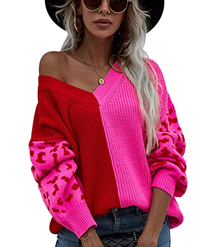 Strickpullover Damen Oversize Off Shoulder Pullover Damen V Ausschnitt Strick Winter Pulli Knitted Sweater Damen Frauen Zopfmuster Gestrickter Leoparden Pullover Strickpulli Pullis für Damen Rosa S von Peuignao