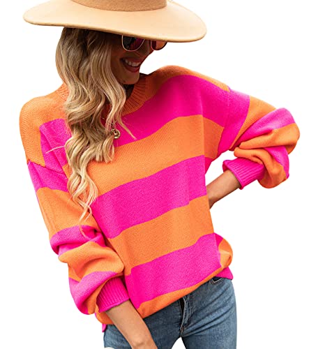 Strickpullover Damen Oversize Pullover Damen Strick Knit Sweater Süße Overzised Pullover Frauen Strickpulli Pulli Rippstrick Gestrickter Gestreifter Kuschel Basic Knitted Pullover Damen Orange Rosa S von Peuignao