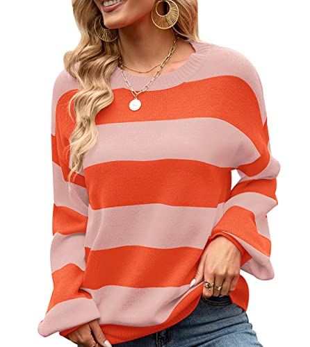 Strickpullover Damen Oversize Pullover Damen Strick Knit Sweater Süße Overzised Pullover Frauen Strickpulli Pulli Rippstrick Gestrickter Gestreifter Kuschel Basic Knitted Pullover Damen Rosa Orange L von Peuignao